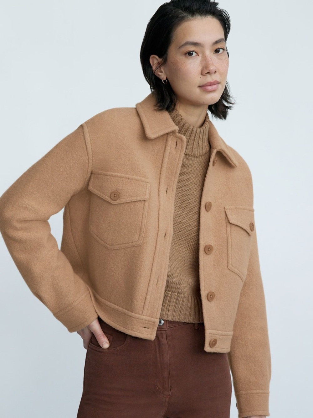 Wilfred Tan Cropped Jacket with Flap Pockets